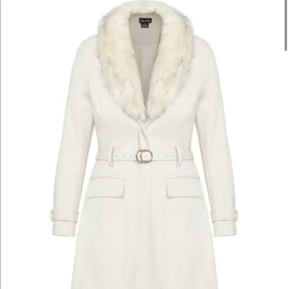 City Chic Cream Color Faux Fur Belted Winter Coat - Picture 2 of 12
